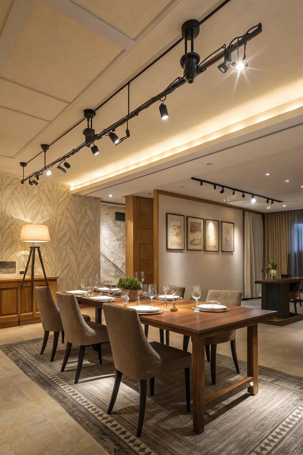 Versatile track lighting in a dining area.