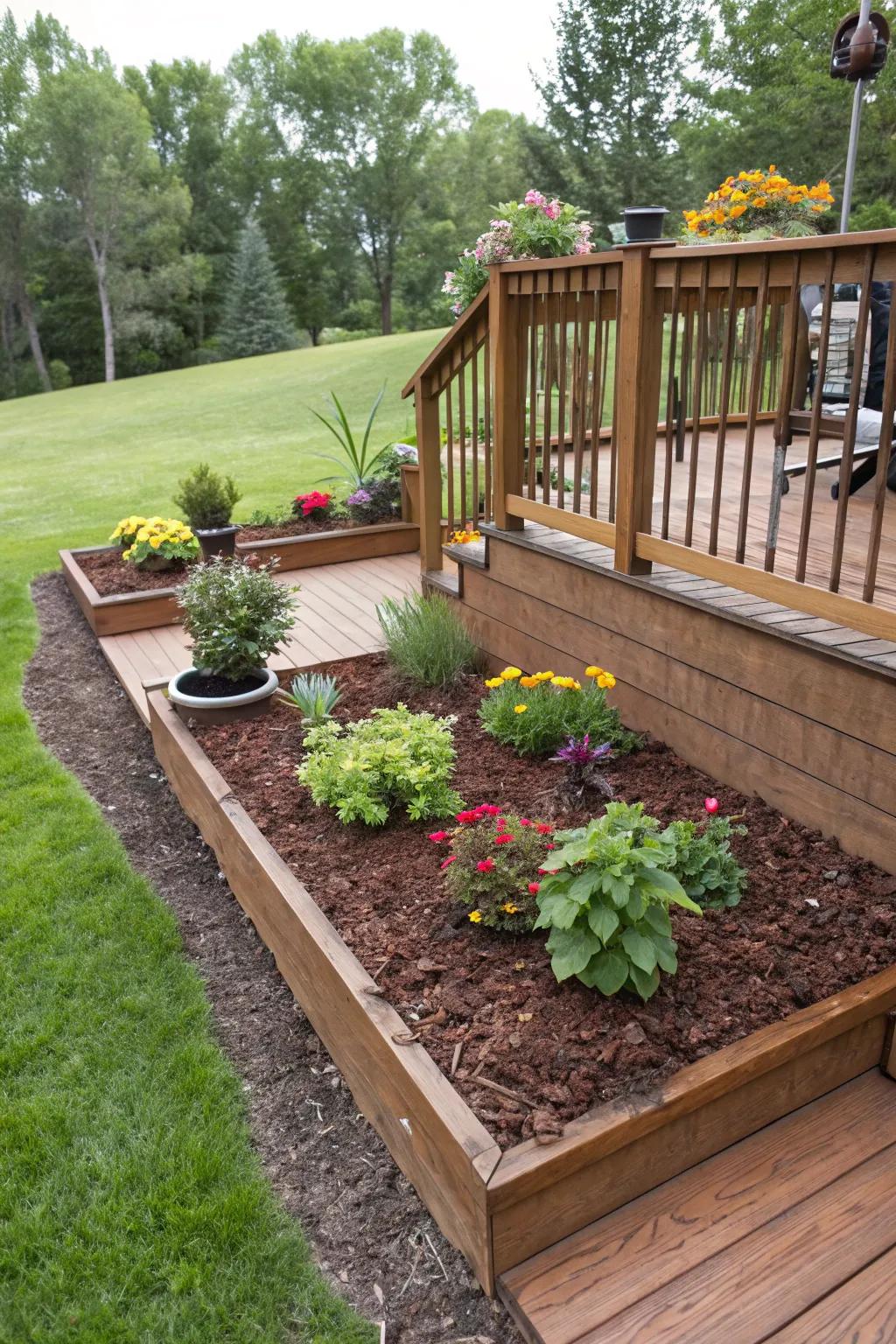 Garden beds with fresh mulch surrounding a raised deck.