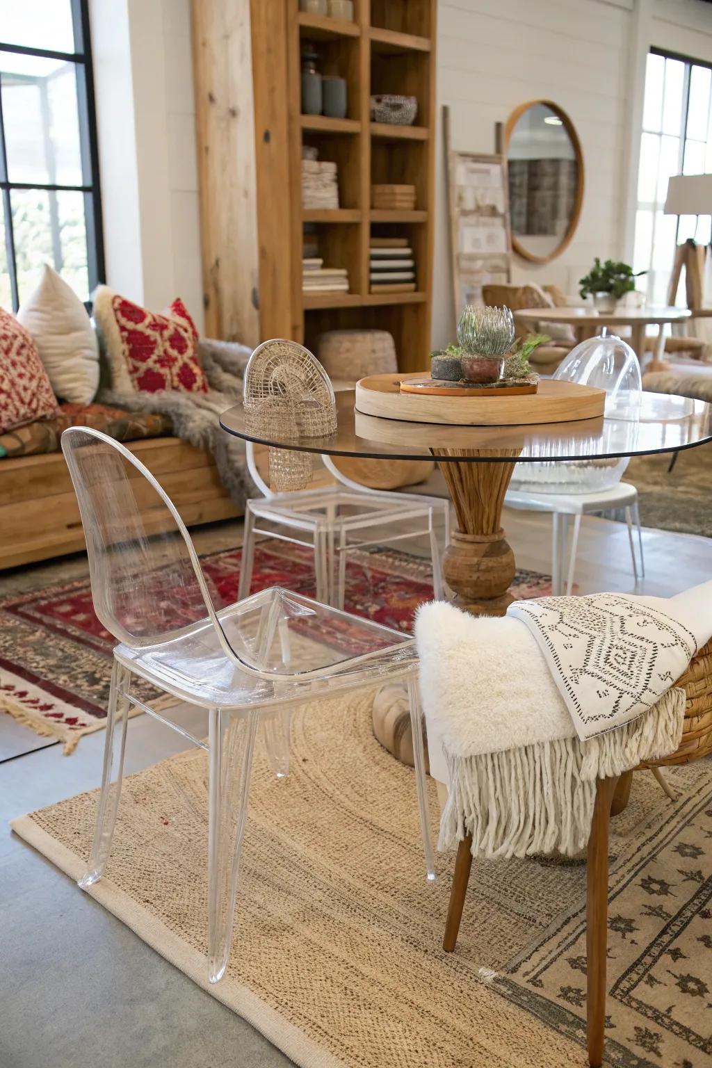 Mixing textures with poly-methylmethacrylate for a balanced decor.