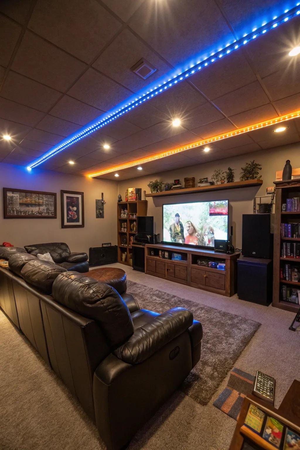Ambient illumination featuring hue-changing LED strips inside a man cave.