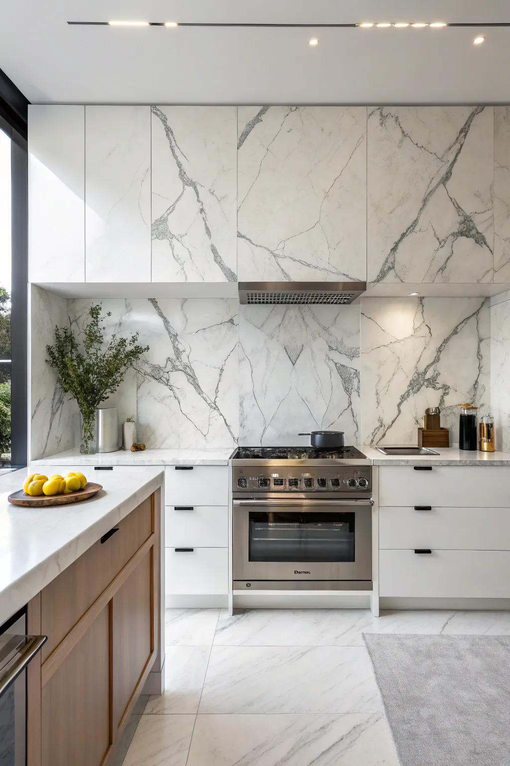 A kitchen displaying the unified beauty of a large stone panel.