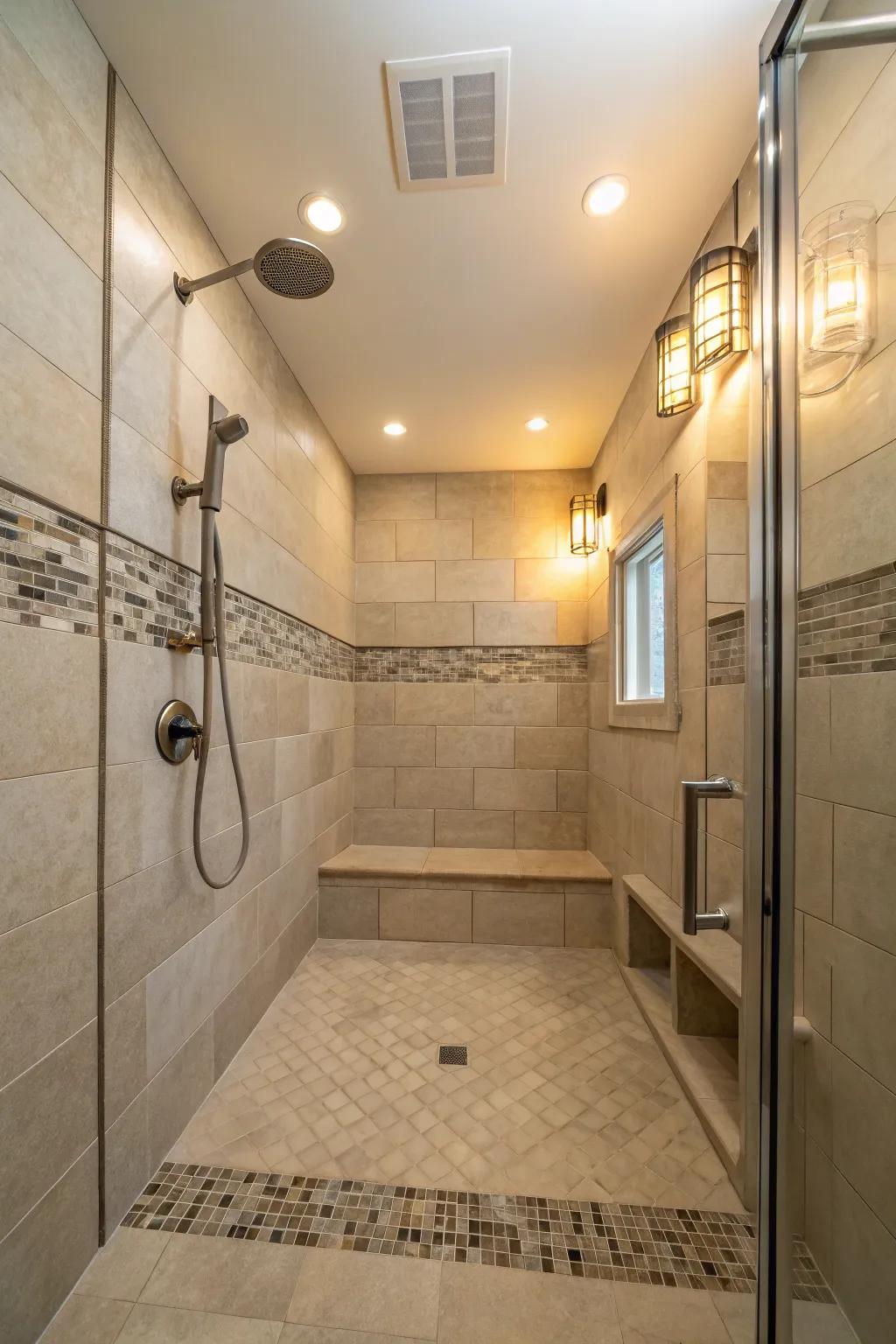 A calming walk-in shower with neutral and natural colors.