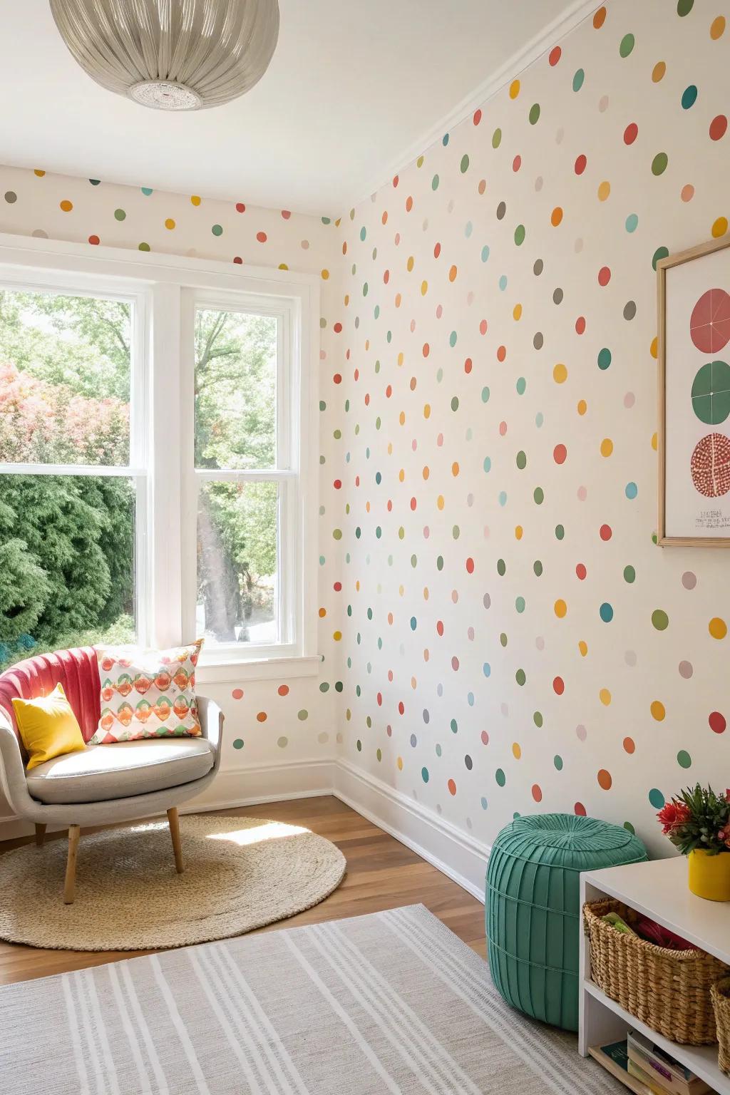 Bright setting with cheerful polka dot mid-century wallpaper.