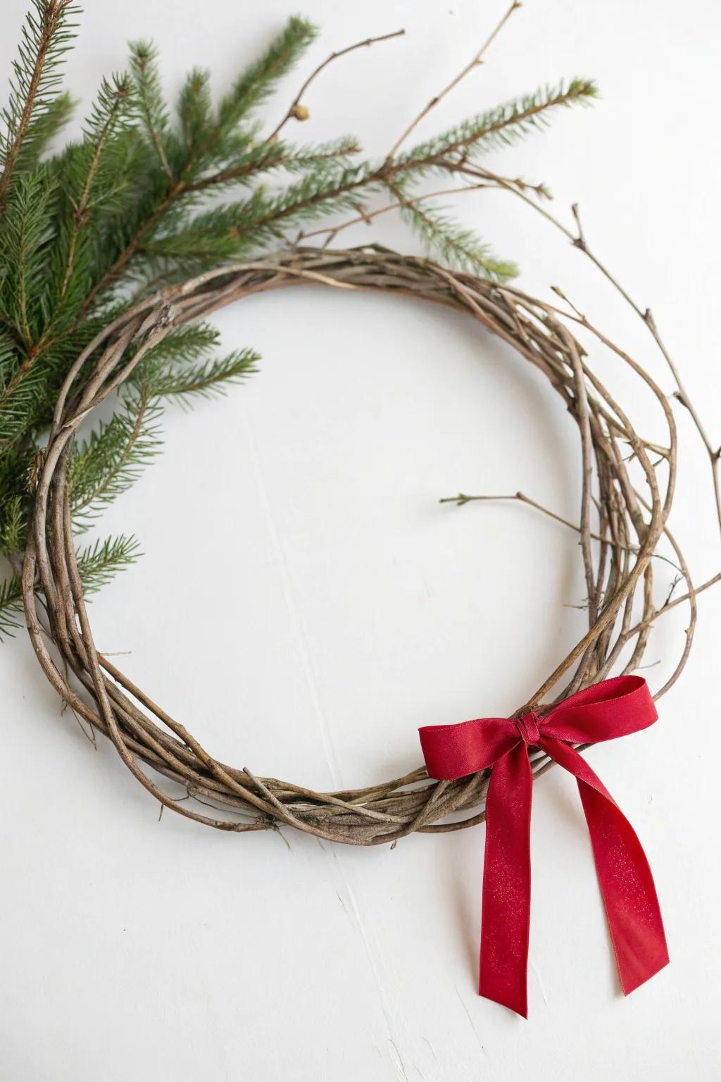 A minimalist wreath with just a few branches and a simple ribbon for an elegant entryway.