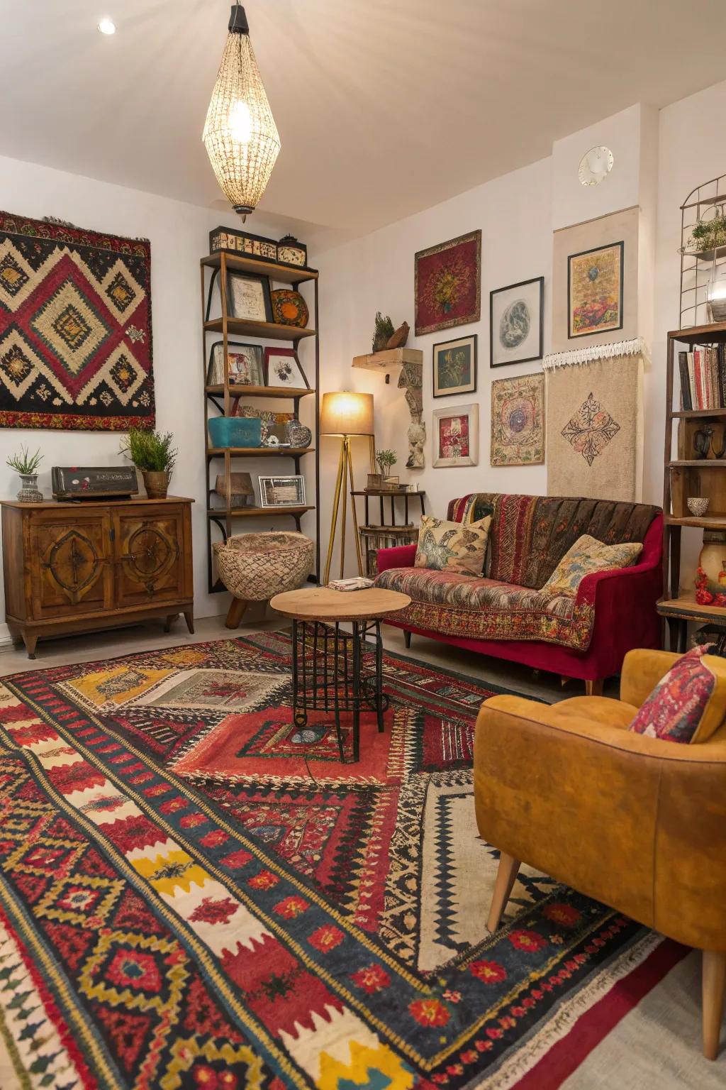 Eclectic room showcasing a bold patterned carpet and vintage decor elements