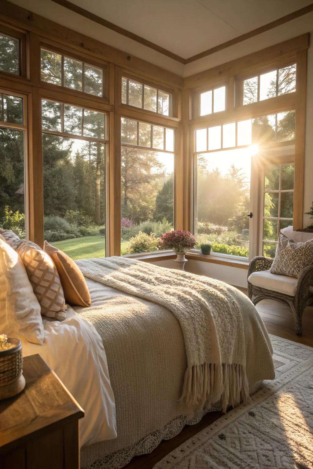 Natural light floods in through large farmhouse windows.