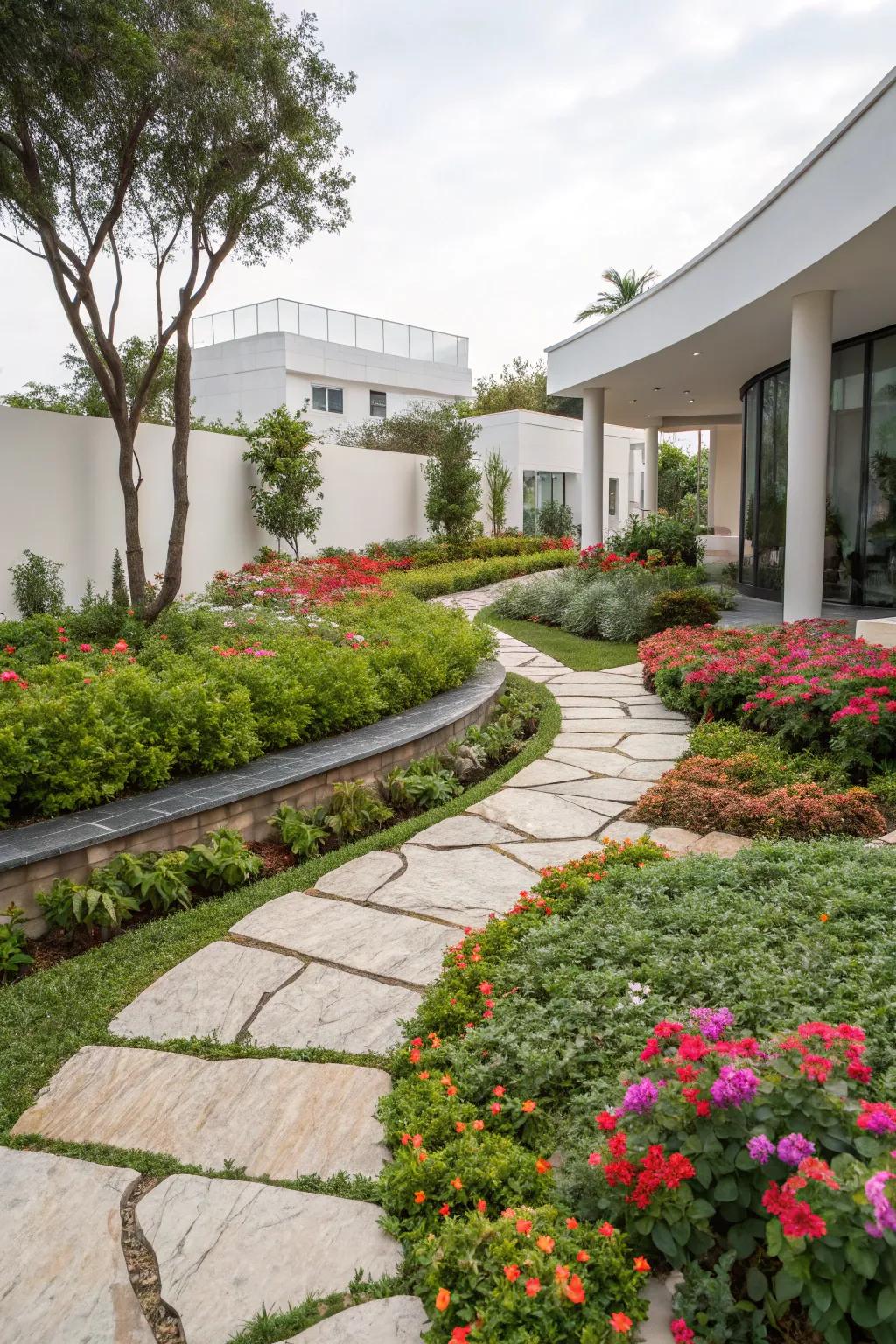 Flower beds perfectly integrated with hardscaping elements.