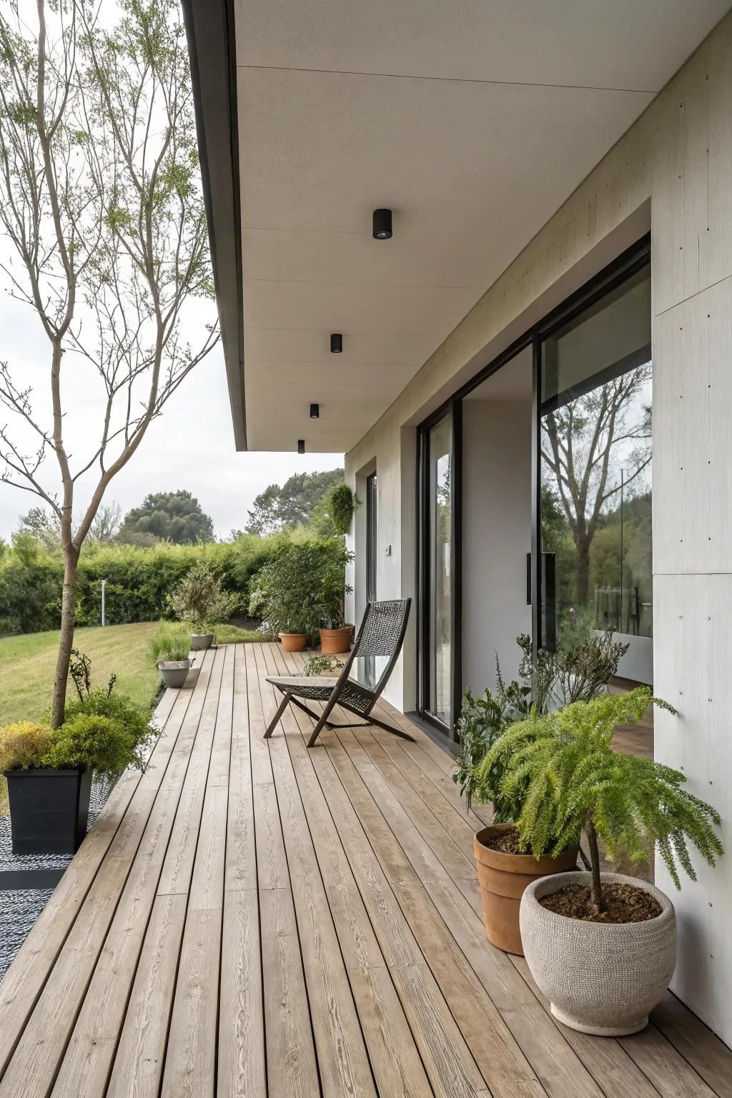 Textured flooring enhances the tactile appeal of a modern porch.