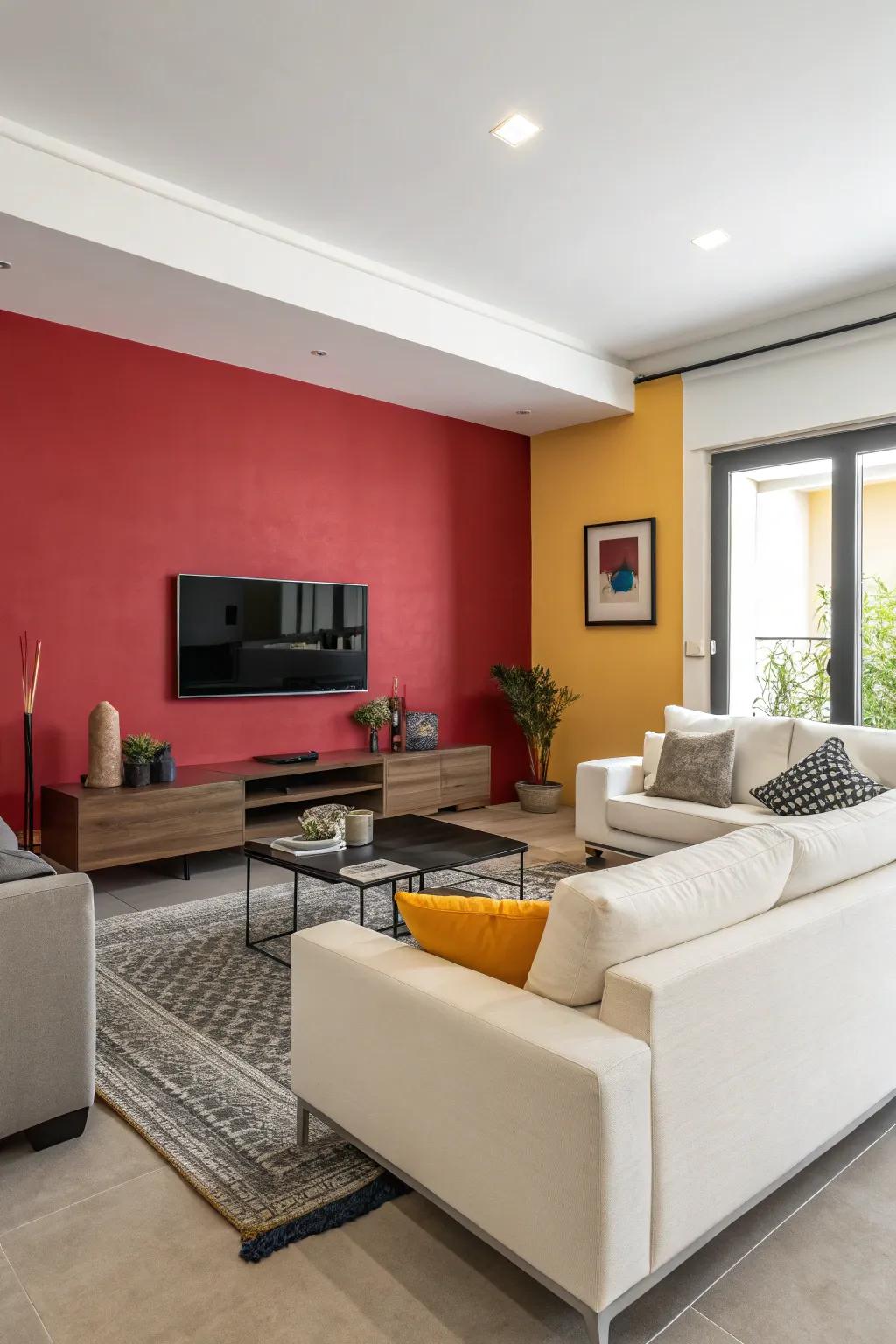 A bold colored wall provides a dramatic backdrop in a modern living room.