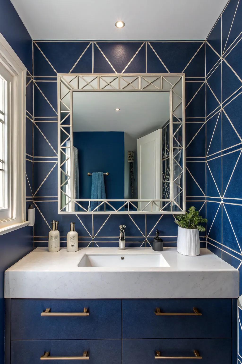 Geometric mirrors enhance space and style in navy blue bathrooms.