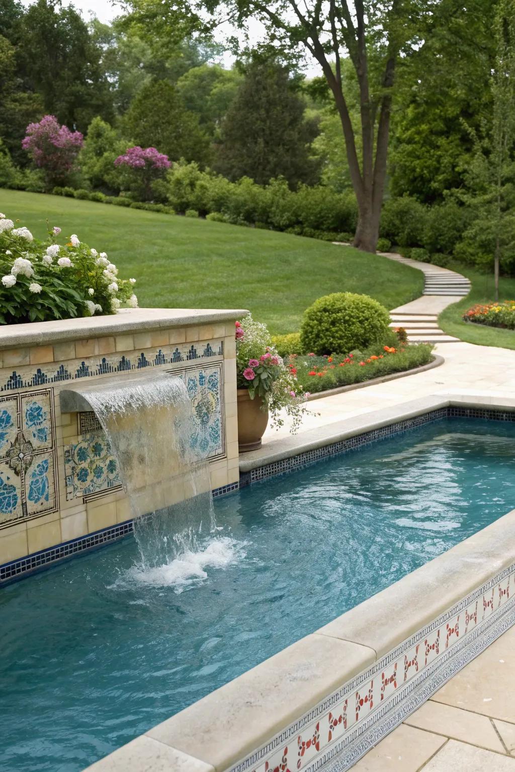 Artistic tiles enhance the beauty of water features in your pool.