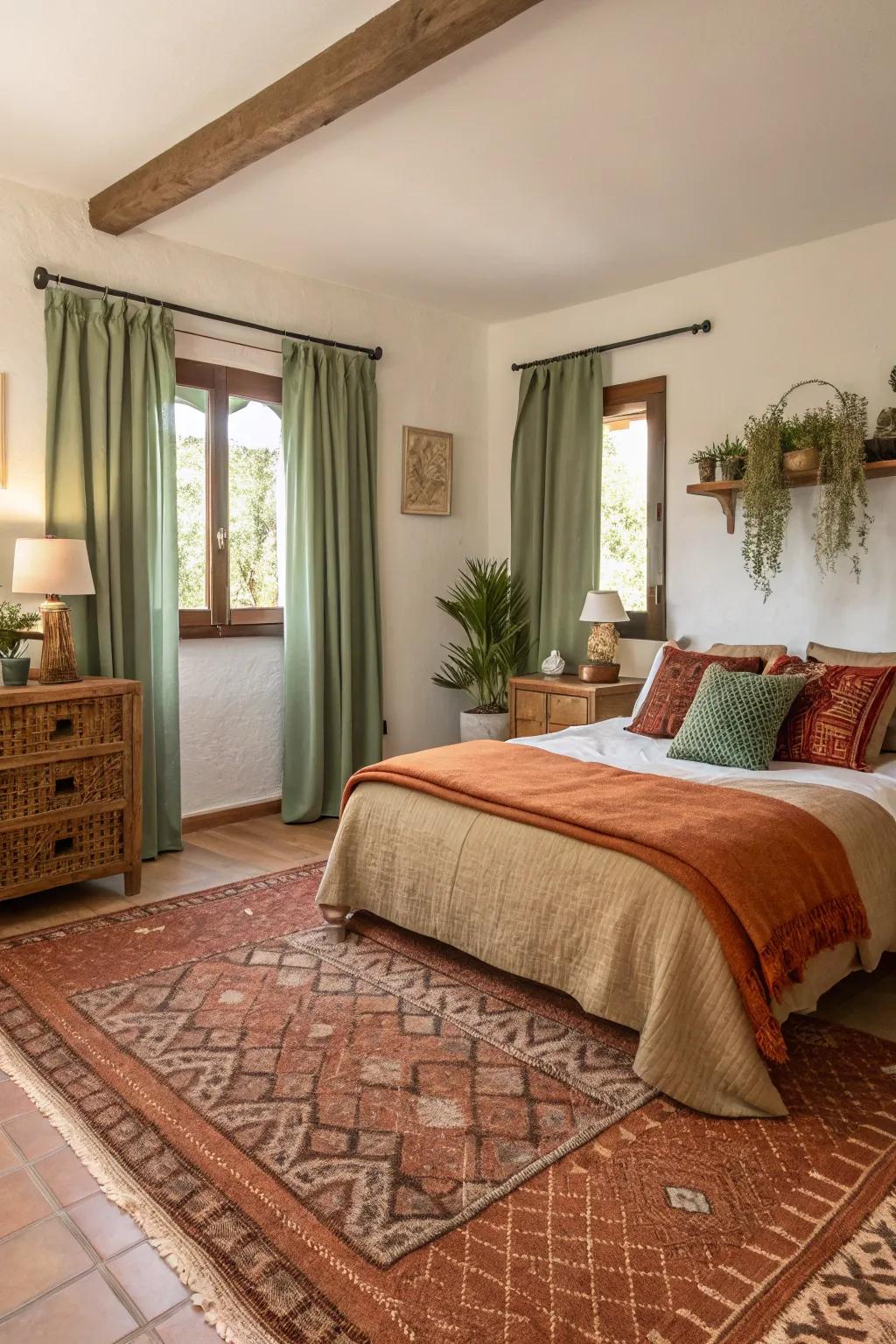 Earthy colors create a soothing and grounded atmosphere in a modern Spanish bedroom.