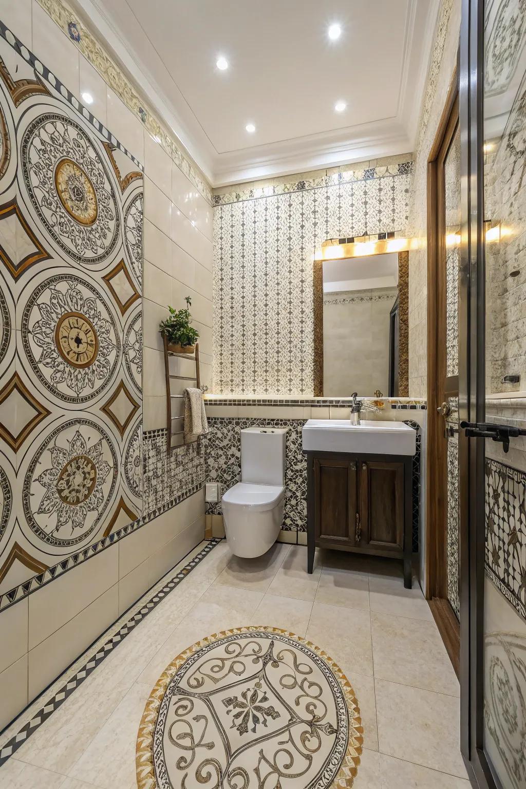 A harmonious blend of traditional and modern mosaic designs in the bathroom.