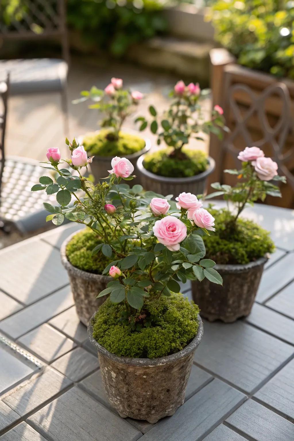 A cluster of small pots with moss roses creates a vibrant patio centerpiece.