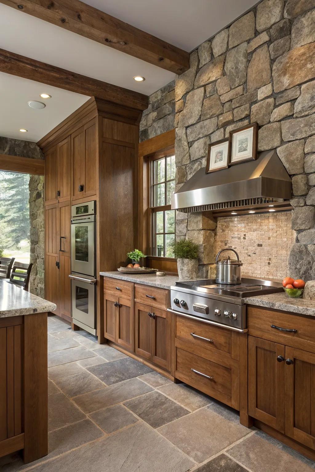 A harmonious blend of natural materials creates a warm and inviting kitchen.