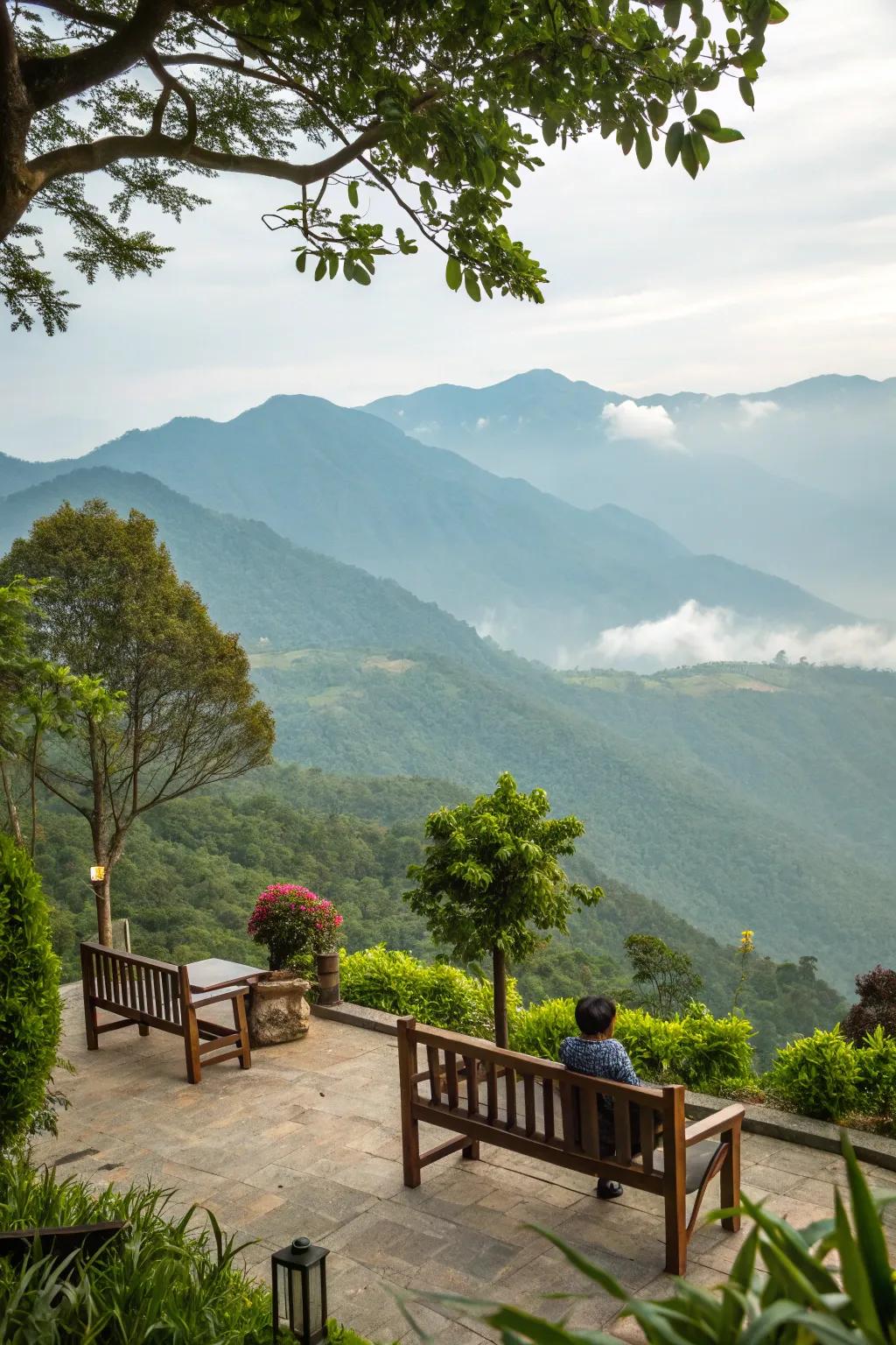 A scenic seating area with breathtaking views of the mountains.