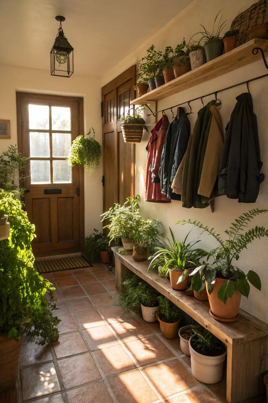 A mudroom enhanced with potted plants and hanging greenery for a fresh ambiance.