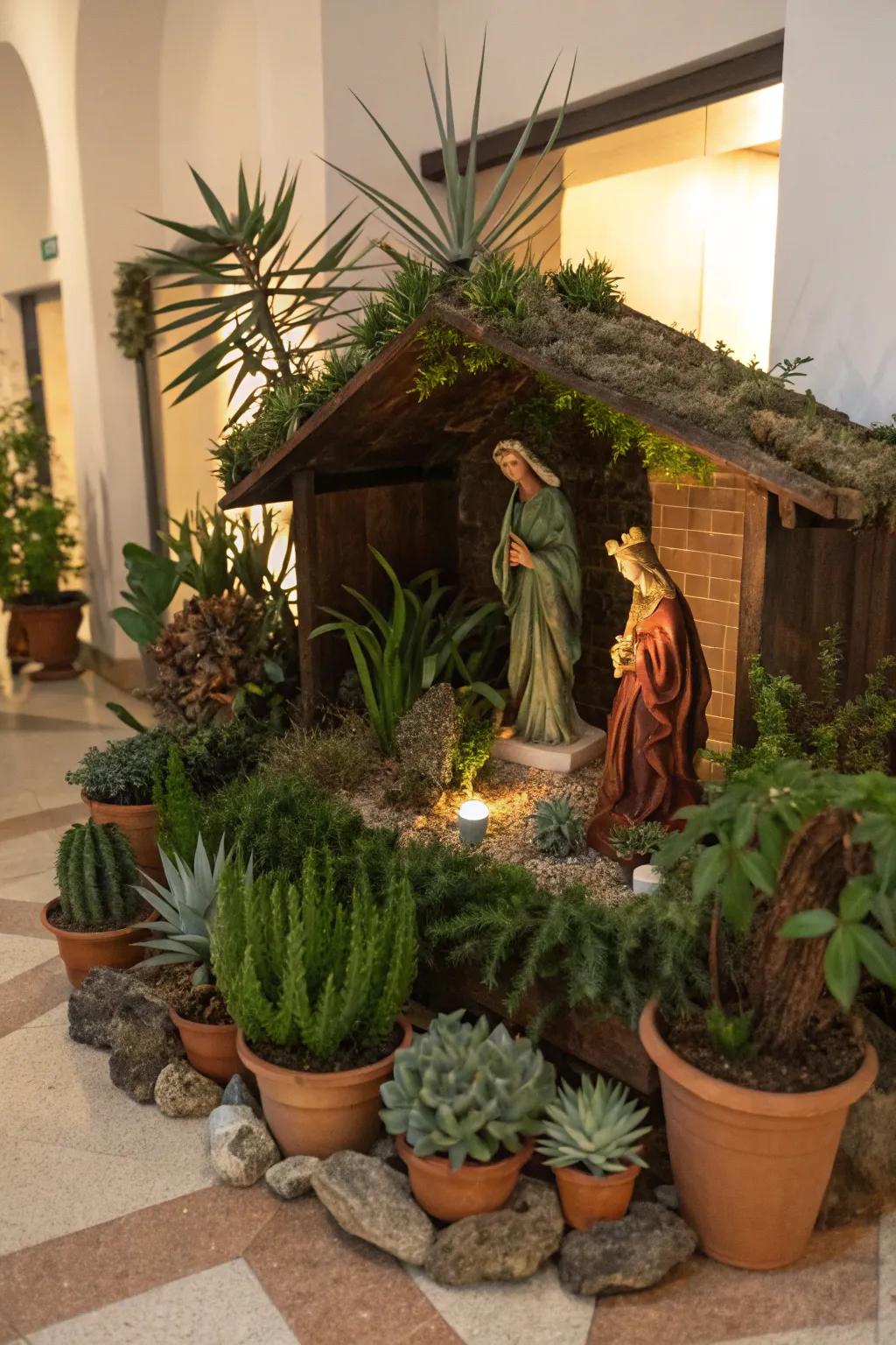 A garden-inspired nativity display with vibrant greenery.