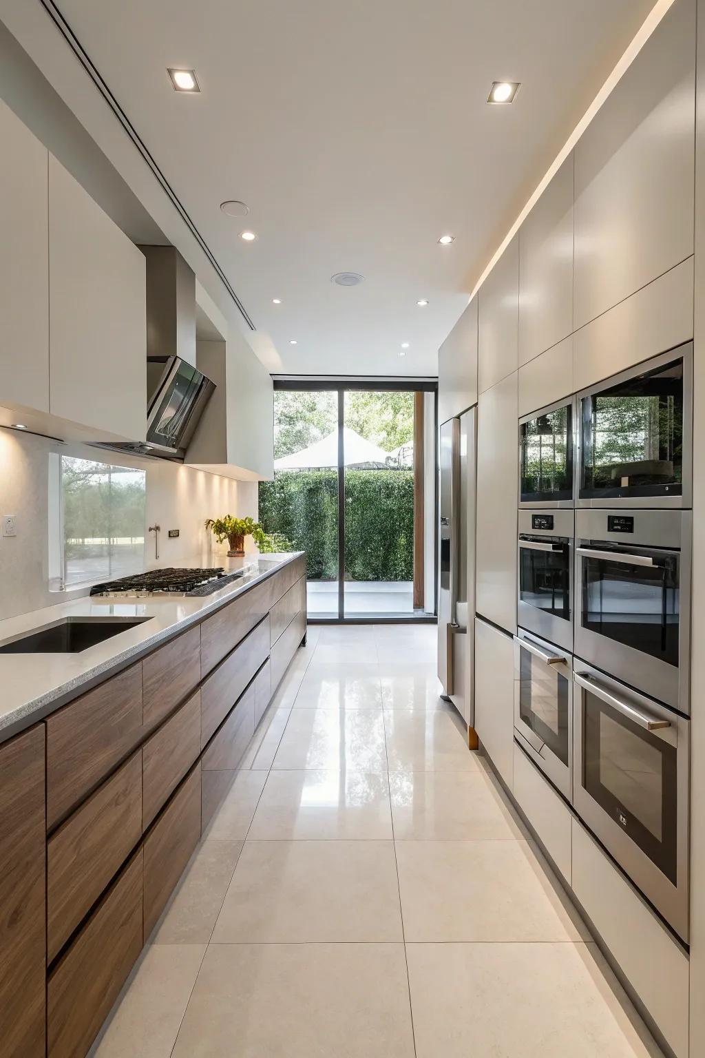 A kitchen with seamlessly integrated high-end appliances.