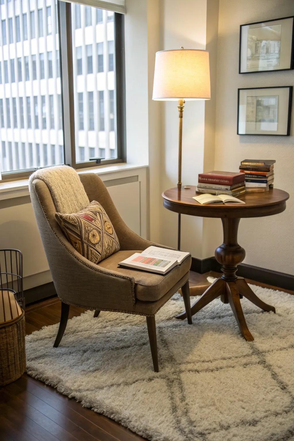 A comfortable floor covering beneath the reading chair contributes warmth and defines the area.
