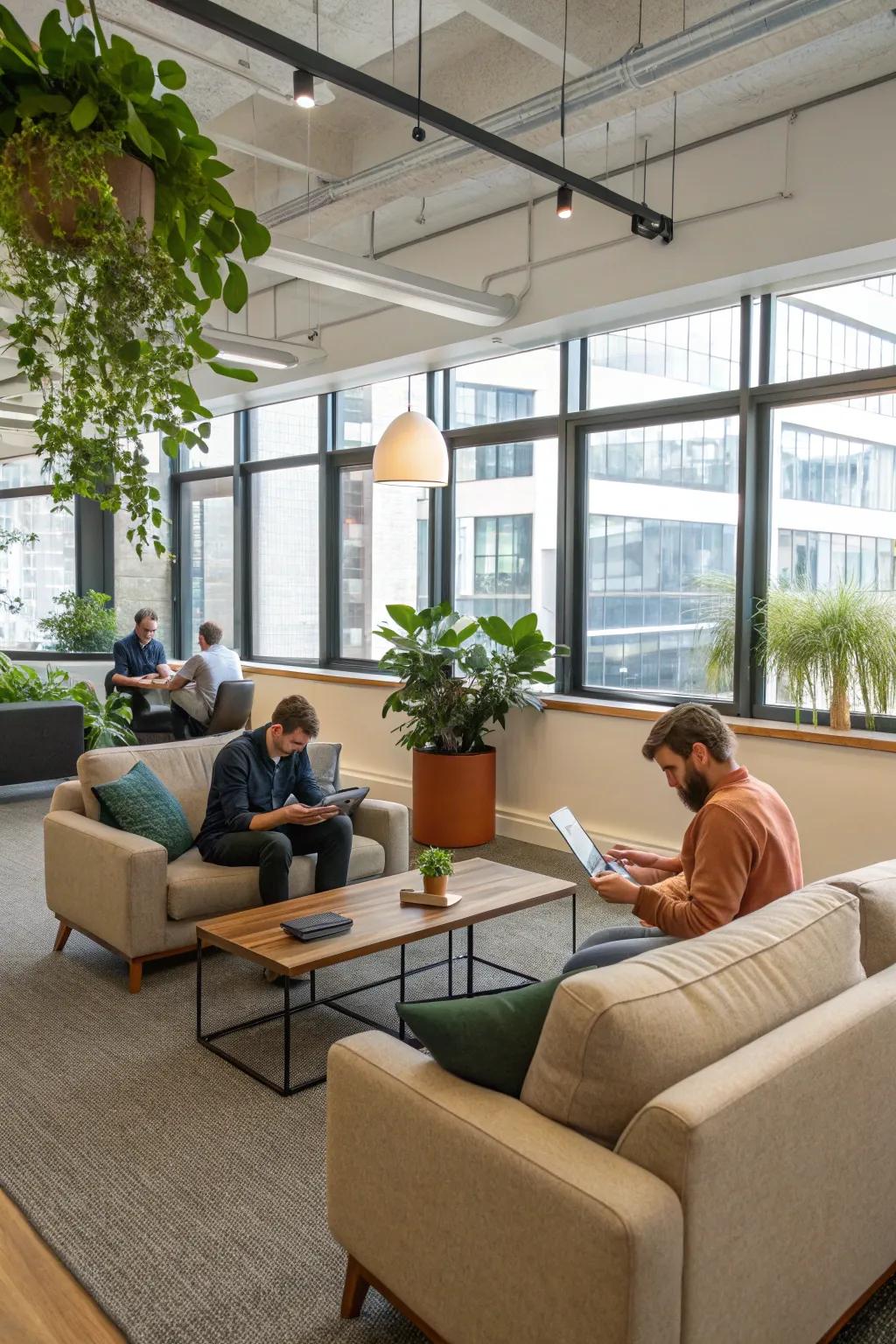 Breakout spaces encourage relaxation and informal meetings.