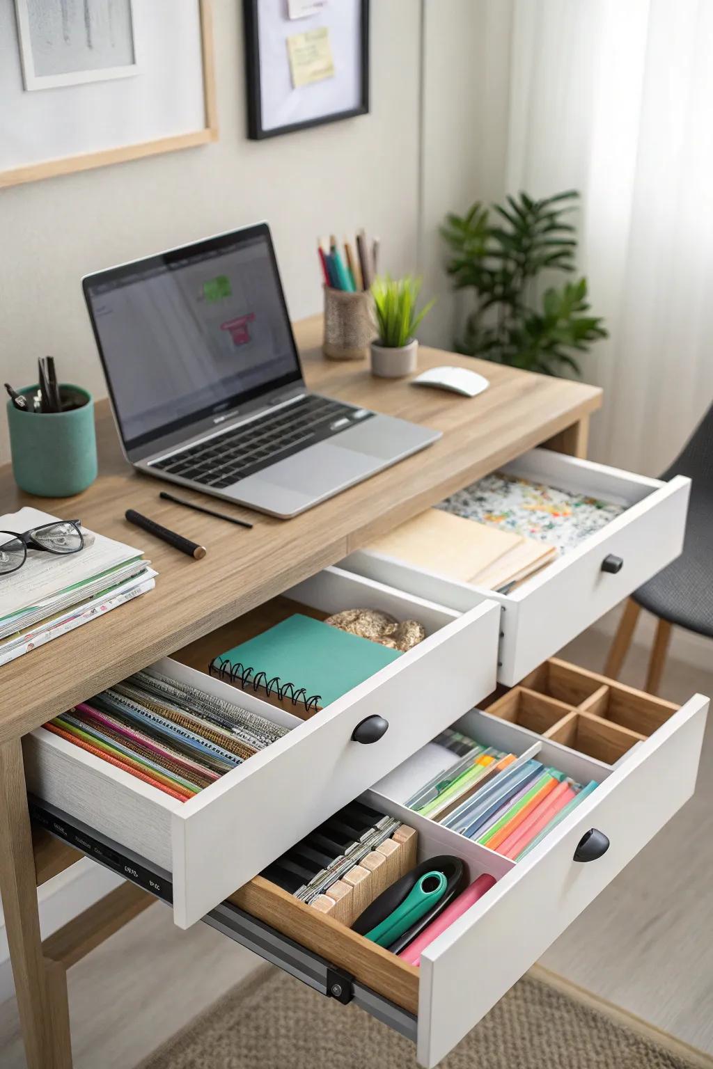 Utilizing under-desk space to maintain a clutter-free work area.