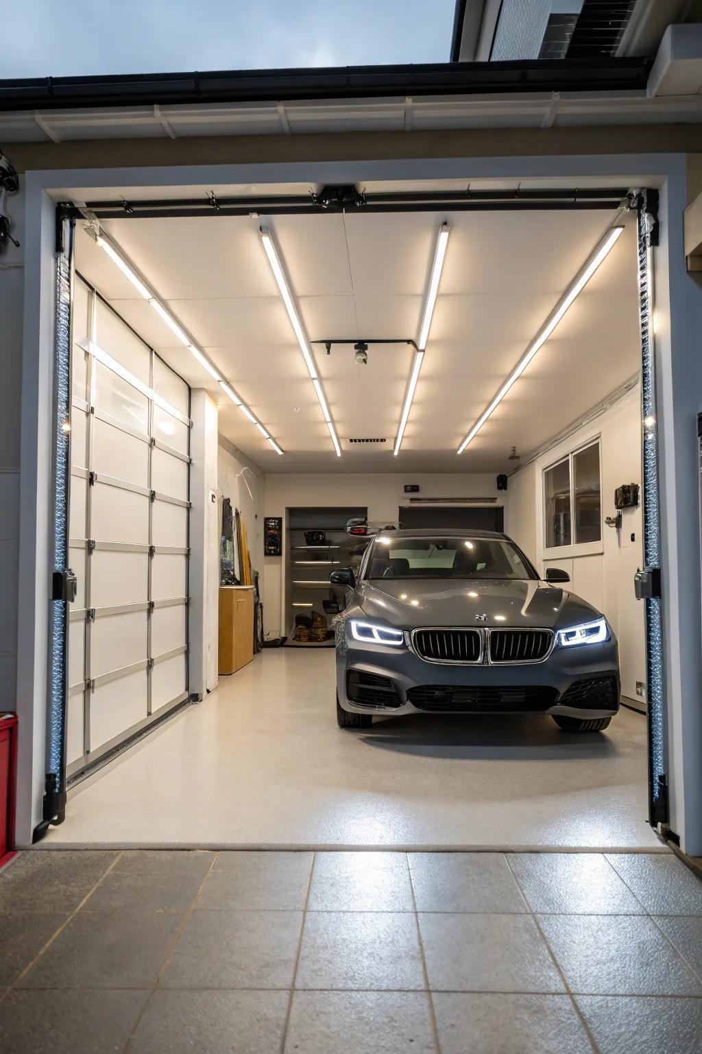 Bright lighting makes a garage feel more spacious and welcoming.