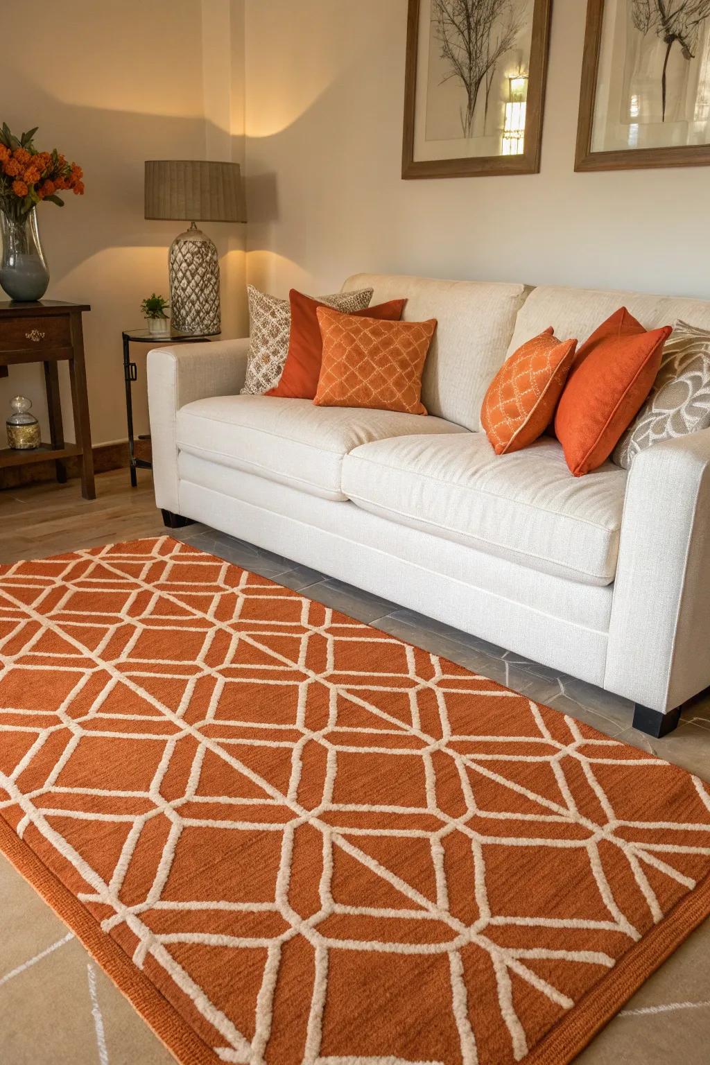 Patterns in orange create a dynamic design in a stylish living room.