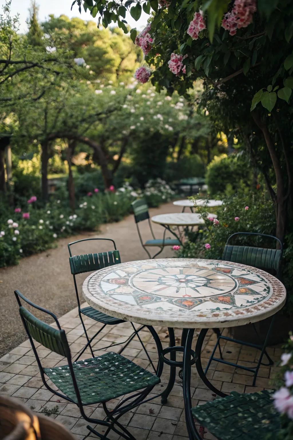 With a table and chair set with a mosaic top, add an artistic flourish.