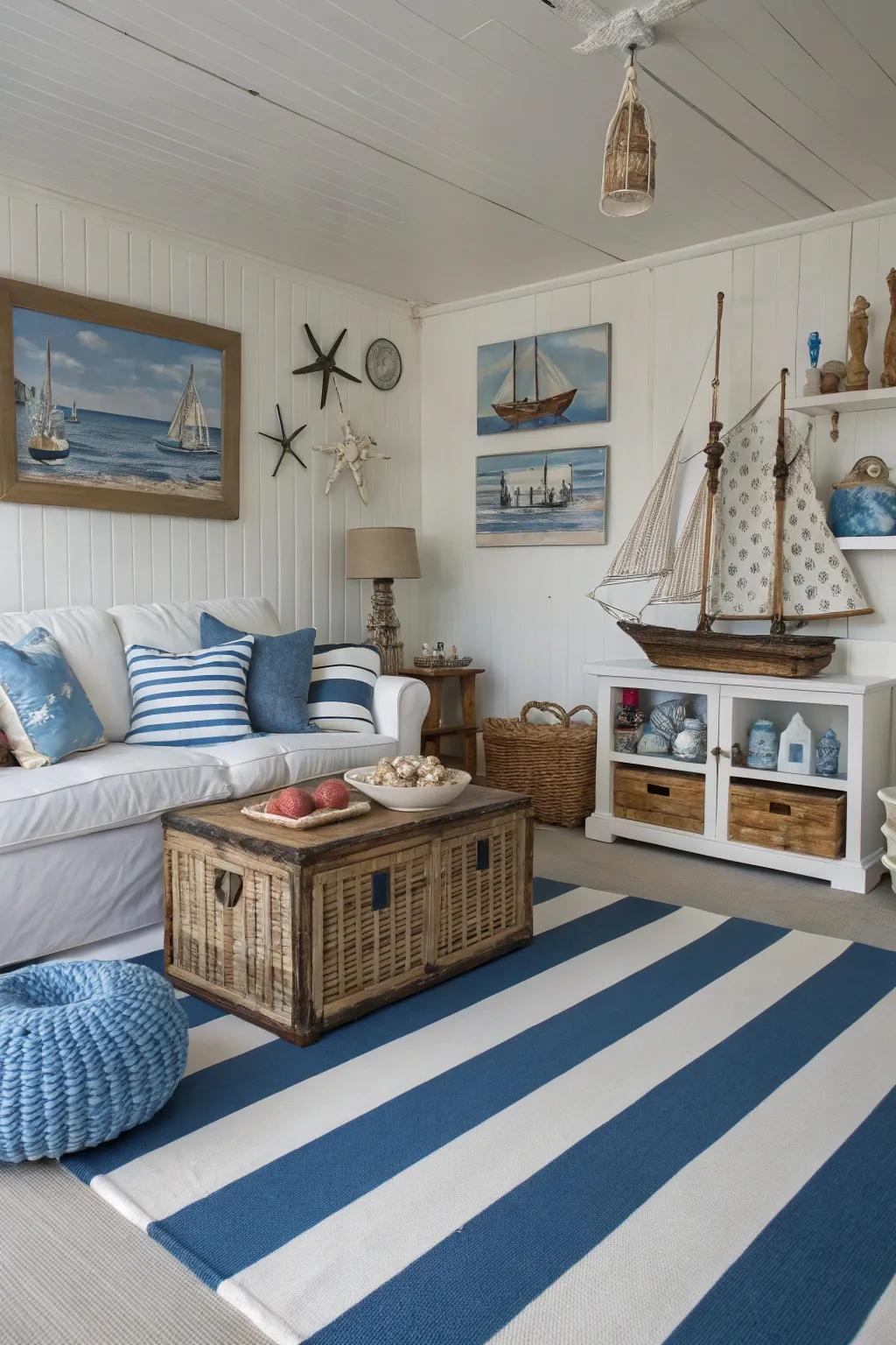 A living space transformed with coastal stripe-painted floors, embodying the essence of a beach cottage.
