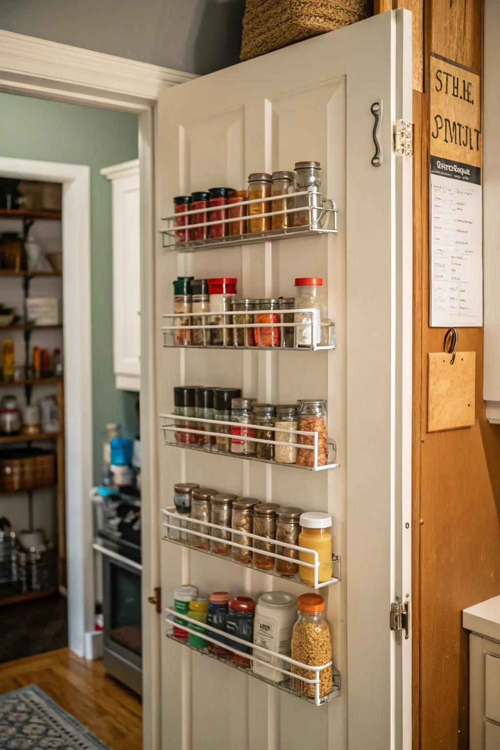 Hanging racks on a pantry door maximize storage by utilizing vertical space.