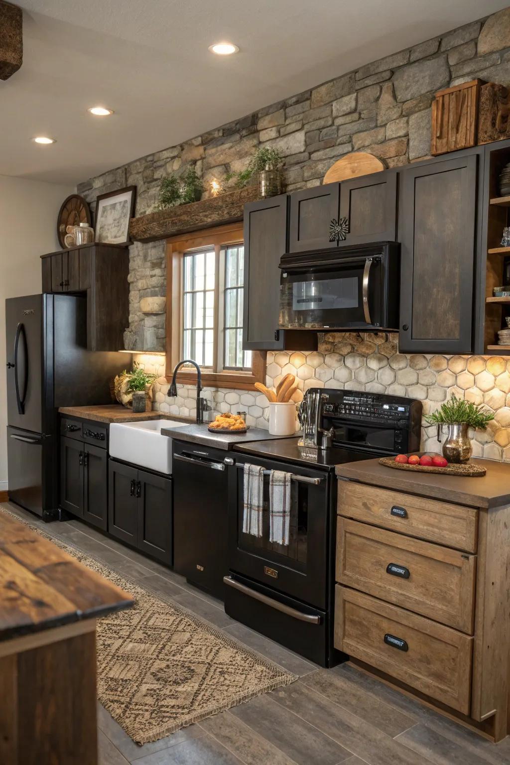 A farmhouse kitchen with a modern twist using black appliances.