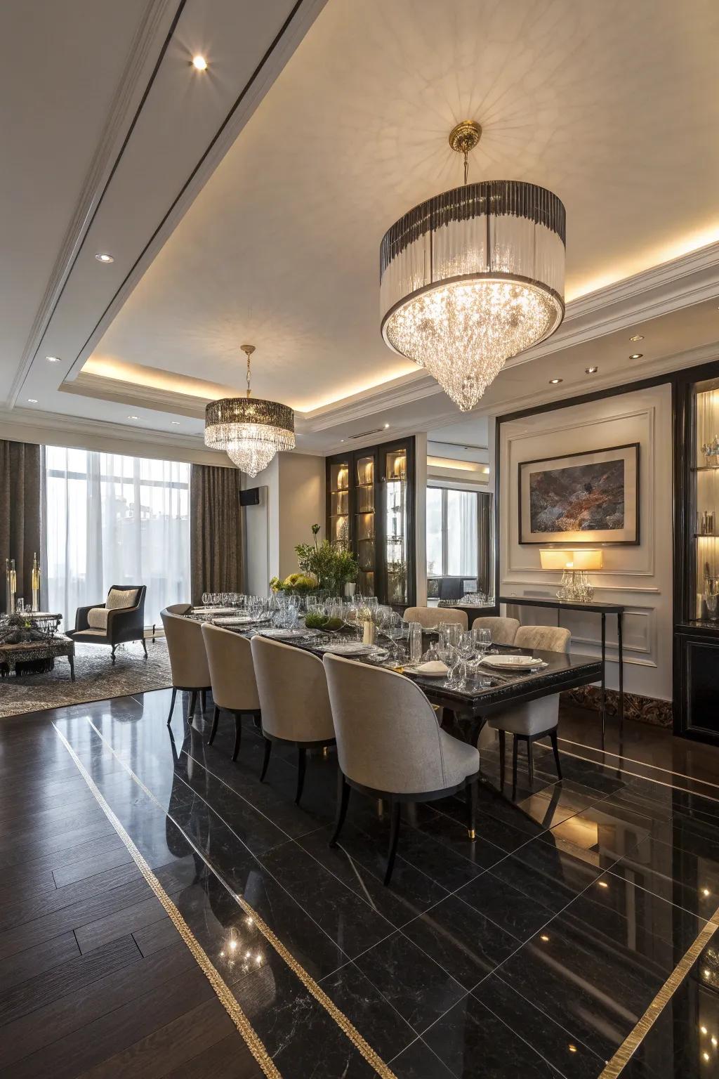 Bright sheen floors introduce a hint of glamour to this dining setting.