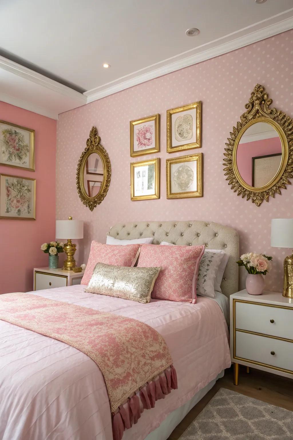 Metallic gold accents complement the pink decor in this chic bedroom.