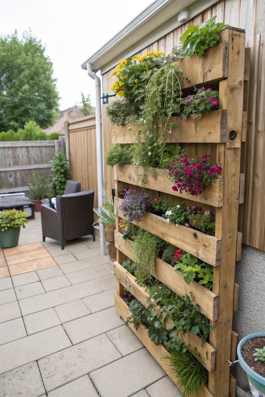 Build a living wall utilizing wood slat gardens.