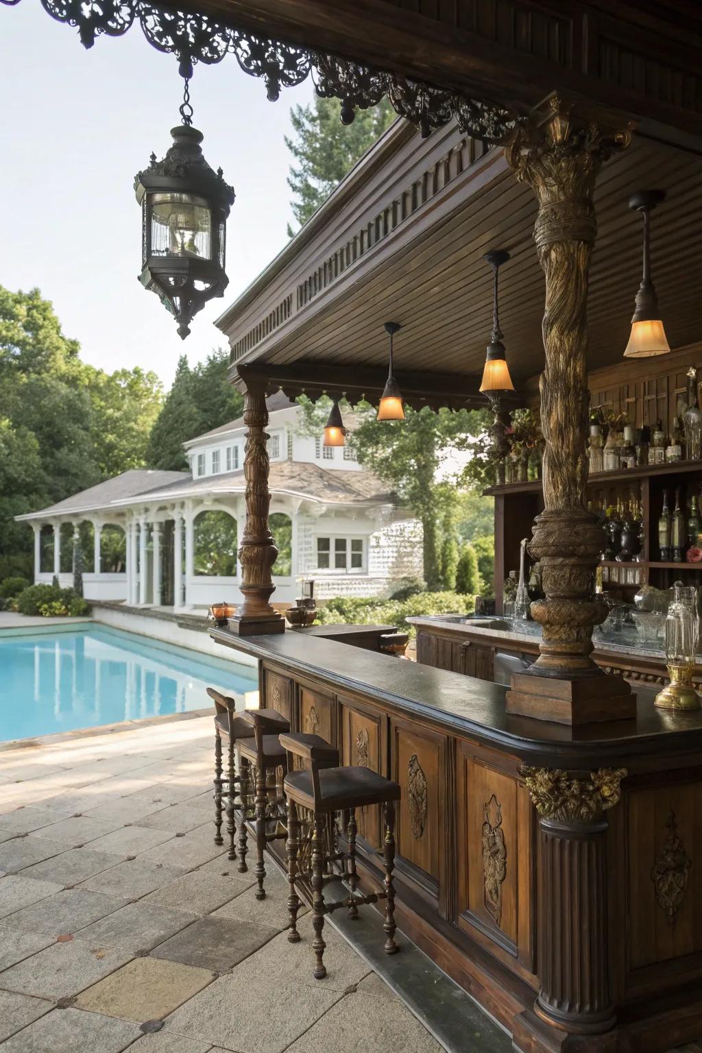 Antique decor brings a nostalgic feel to your poolside bar.