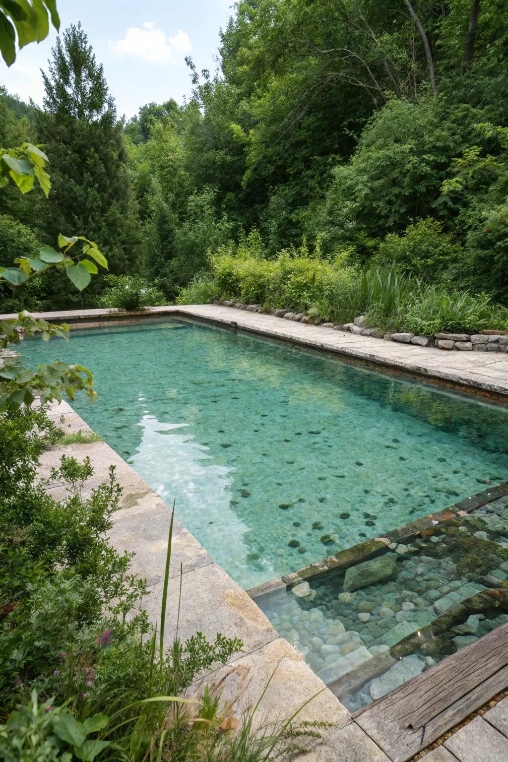 A pool pond featuring naturally filtered, clear water.