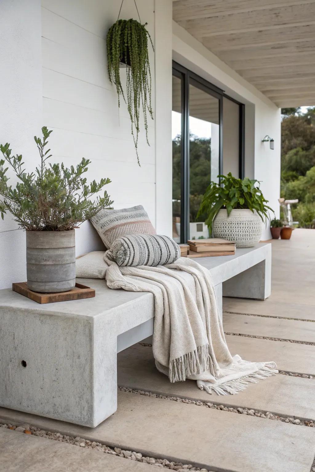 A concrete bench introduces contemporary minimalism to the veranda.