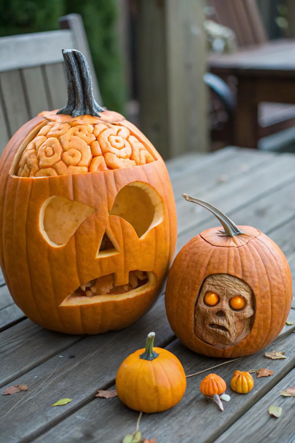 A humorous 'pumpkin with intellect' for a playful Halloween decoration.