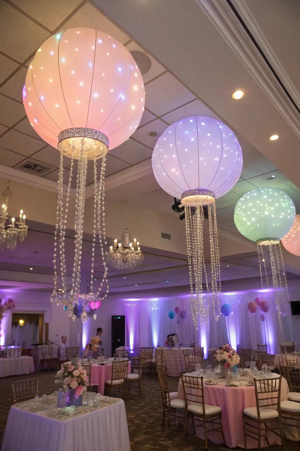 Balloon chandeliers add a touch of whimsy to the venue.