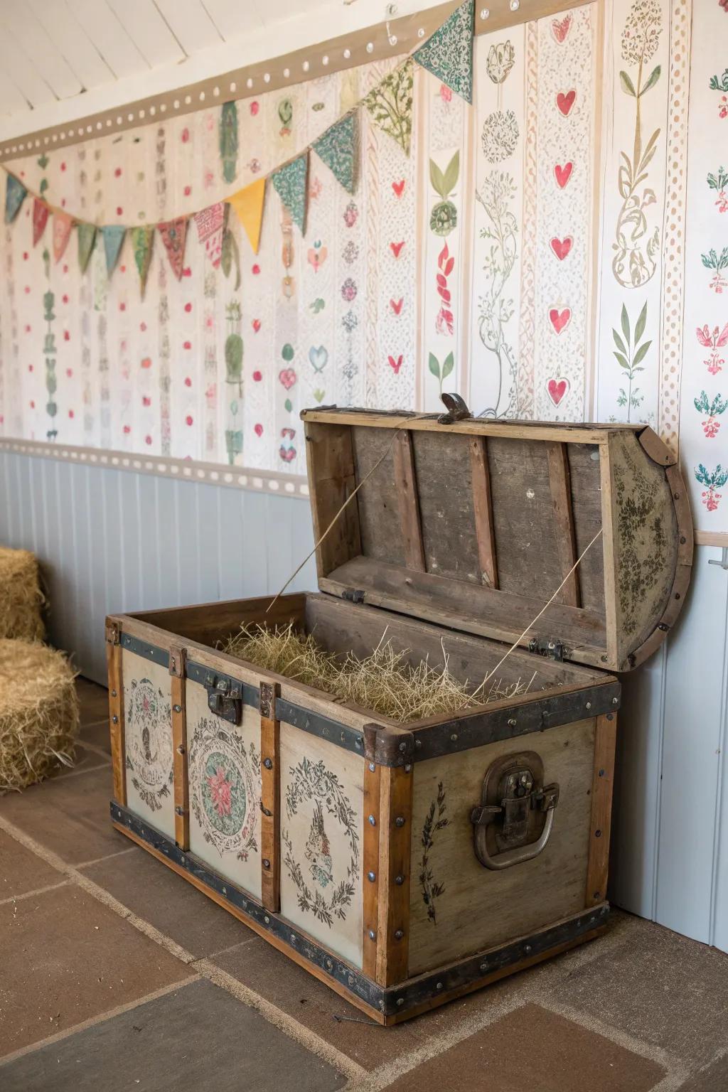 A vintage trunk serves as both storage and a decor statement.