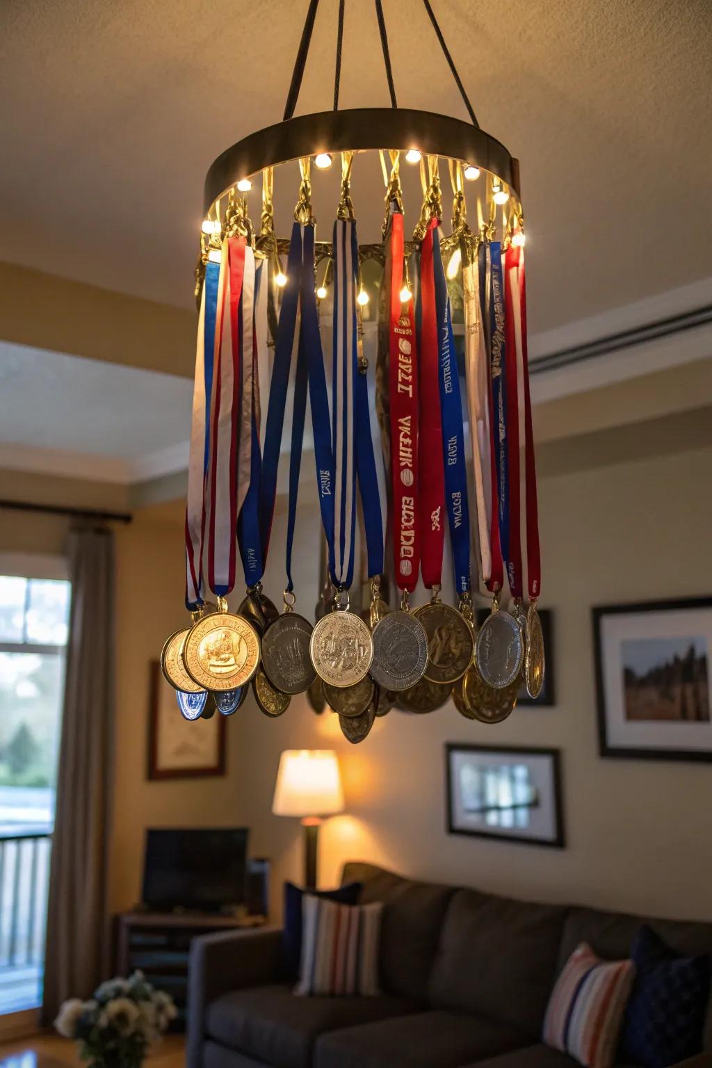 A chandelier of medals creates a dazzling and unique focal point.