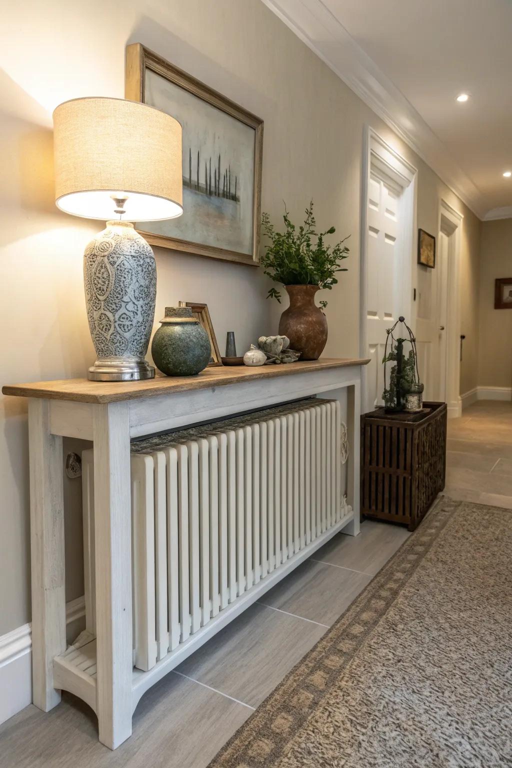 A radiator cover doubles as a practical console table in a hallway.