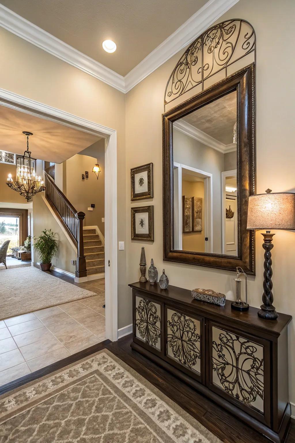 Wall art or mirrors add character and visual appeal to the entryway.