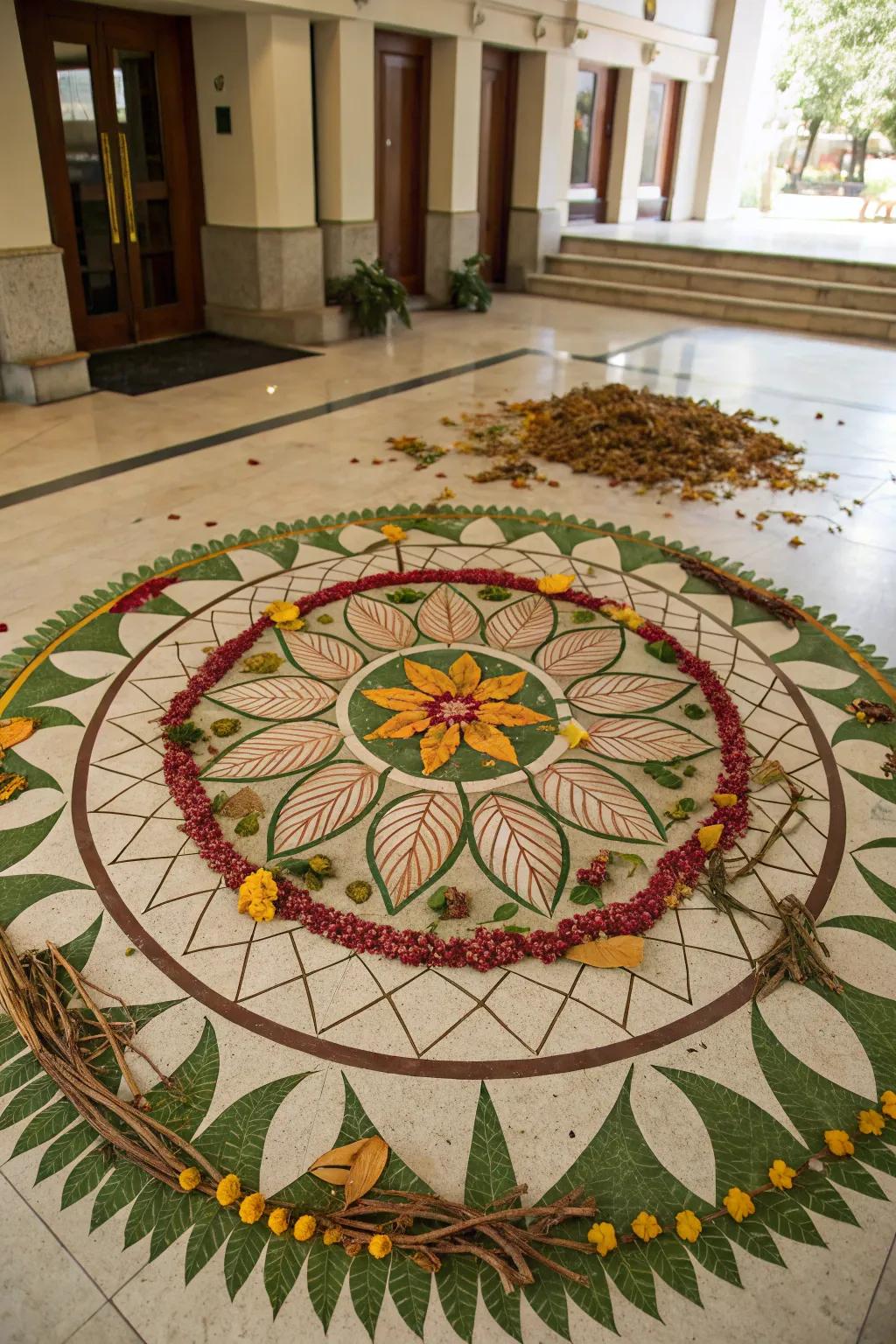 Natural parts like leaves contribute a special and sustainable aspect to this rangoli.