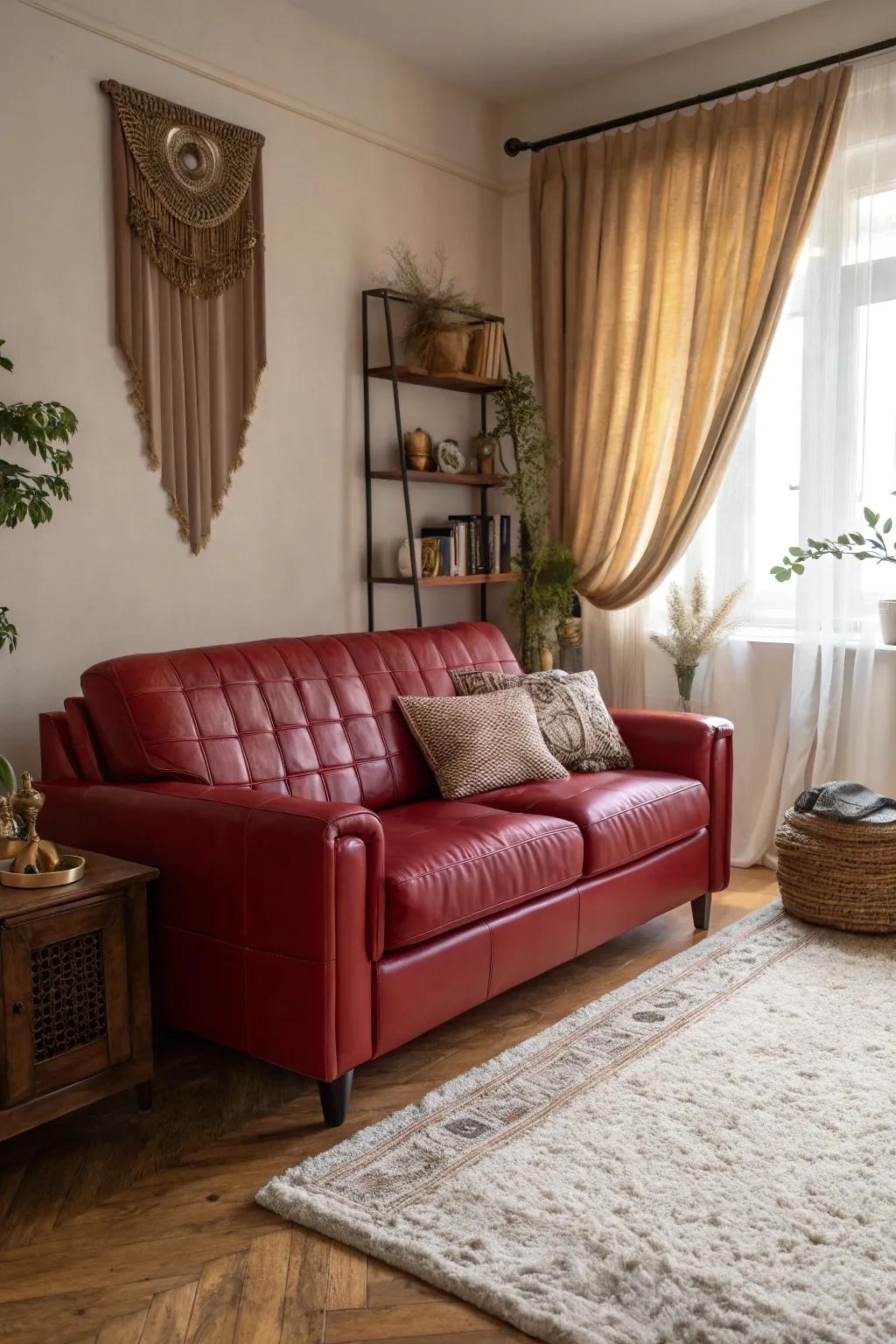 Layering textiles appends magnitude and heat to a lounge featuring a scarlet hide sofa.