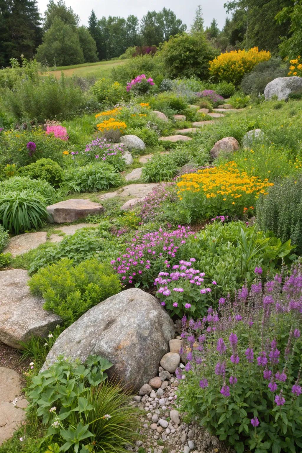 A harmonious mix of herbs and flowers nestled among garden rocks.