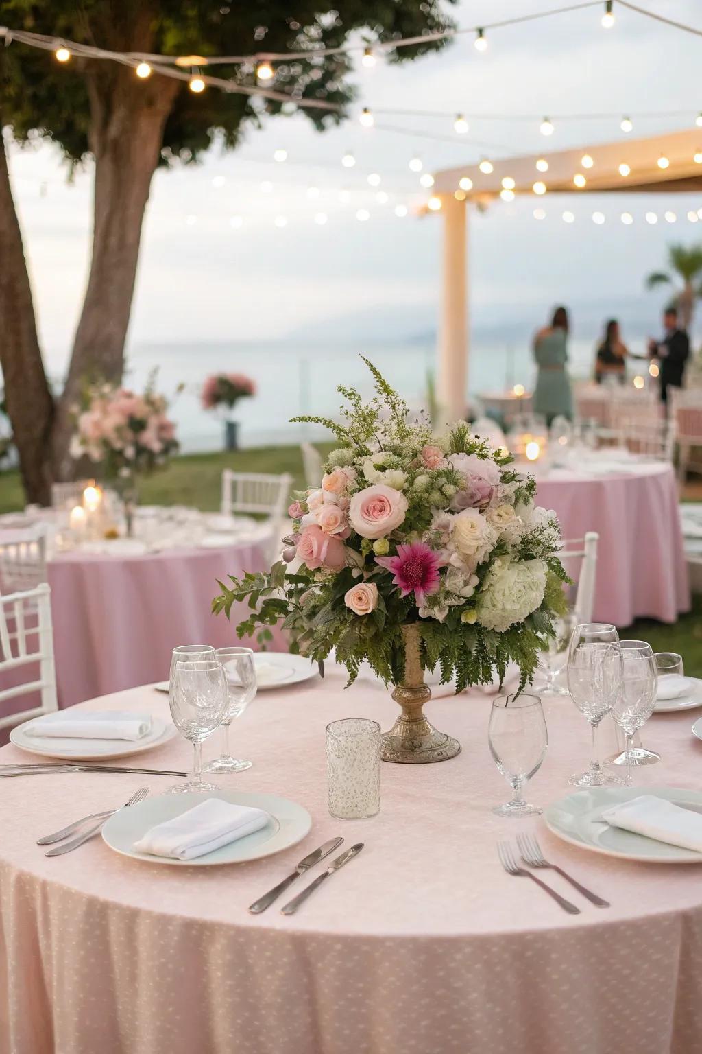 Dreamy pastel tablecloths perfect for a spring wedding.