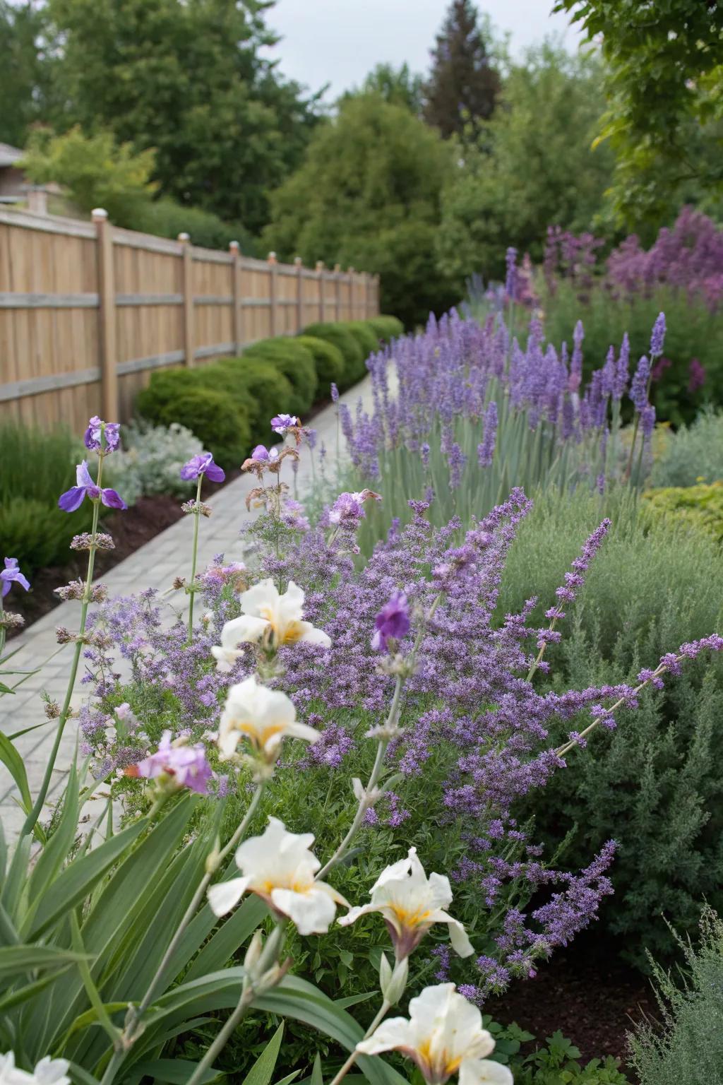 A garden with continuous color from bearded iris and Russian sage.