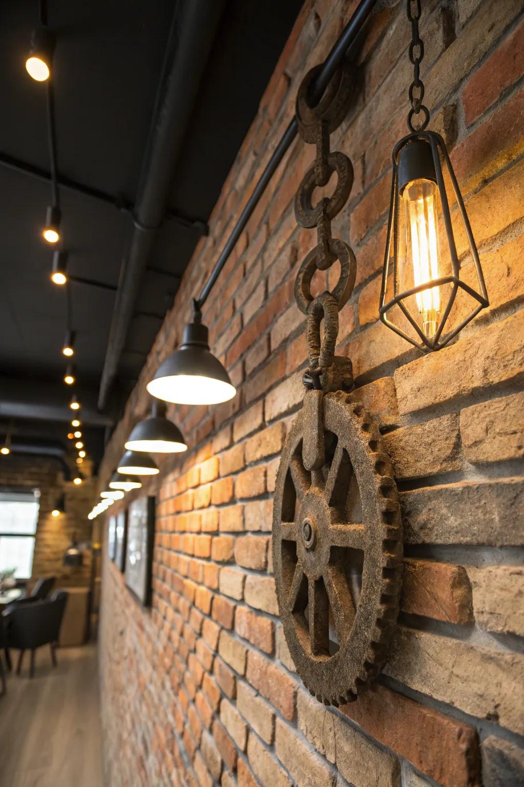 Metal art adds industrial contrast to rustic decor.